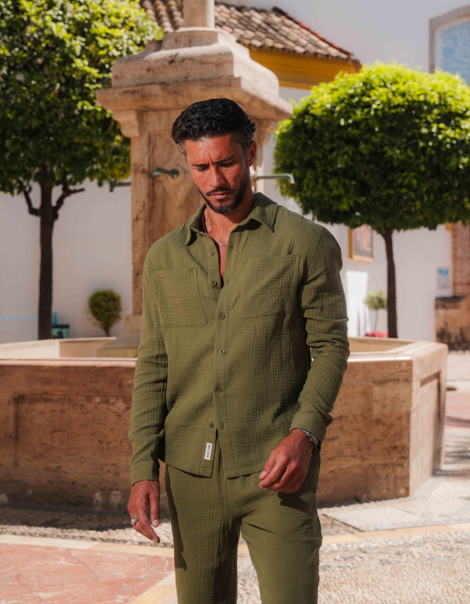BELIER - Men's Khaki Cotton Gauze Shirt | Soft Cotton Shirts for Men | Size