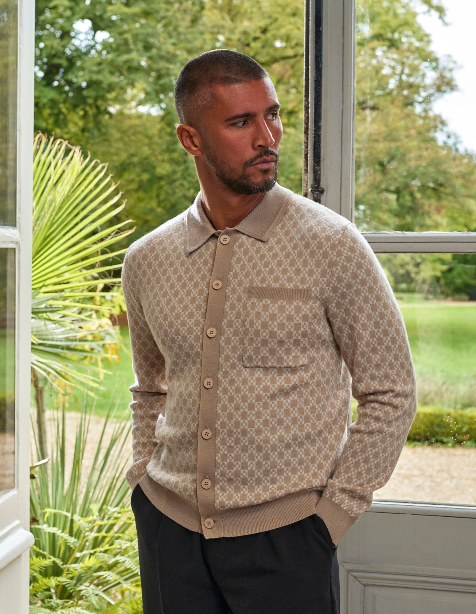 Men's Beige Block Print Cardigan Knitted Cardigans for Men