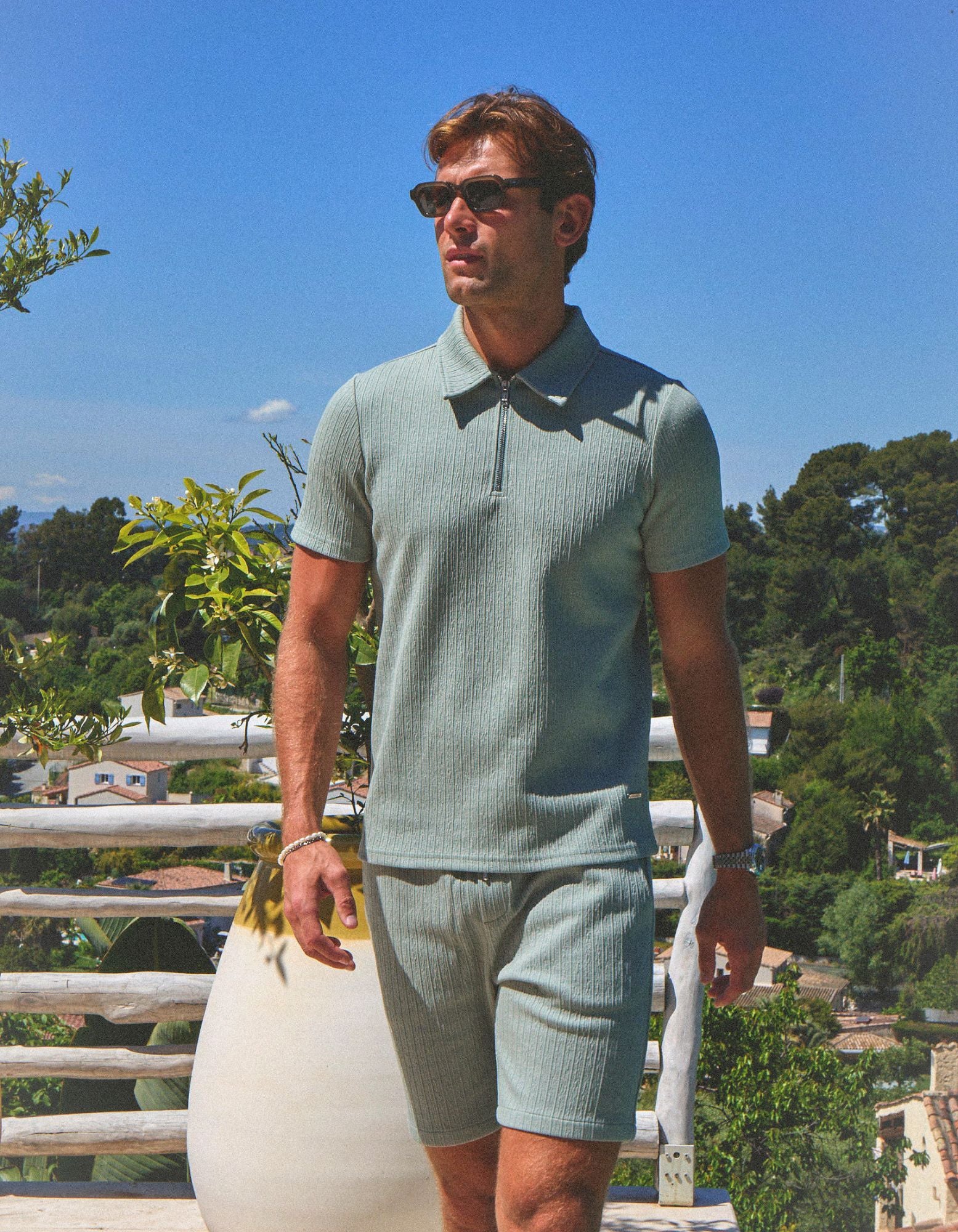 Edwin Textured Zip Polo - Sage