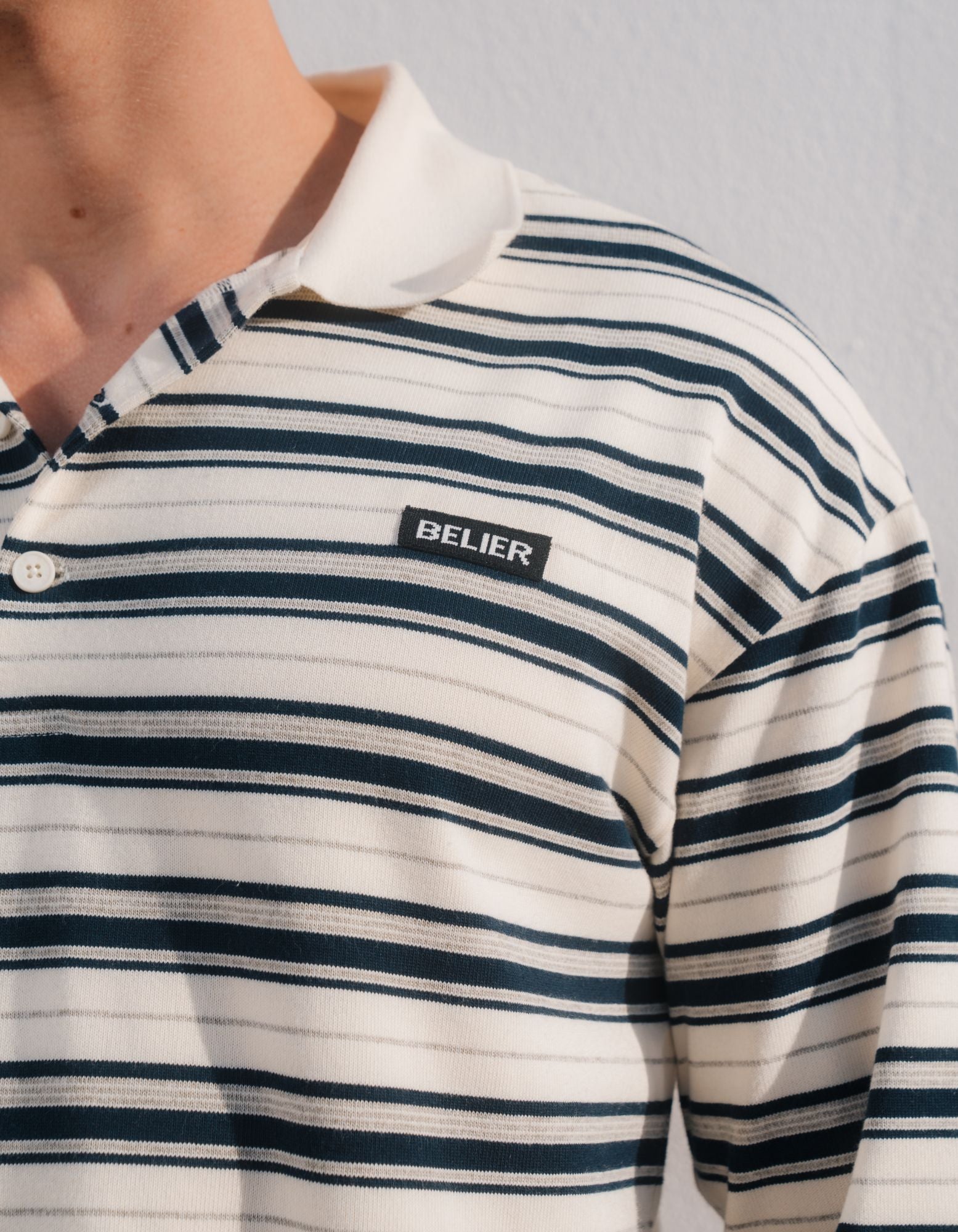 Ecru/Navy Stripe Long Sleeve Polo