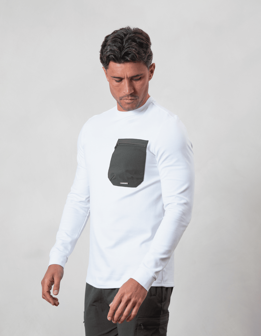 White/Khaki L/S Tech Pocket T-Shirt