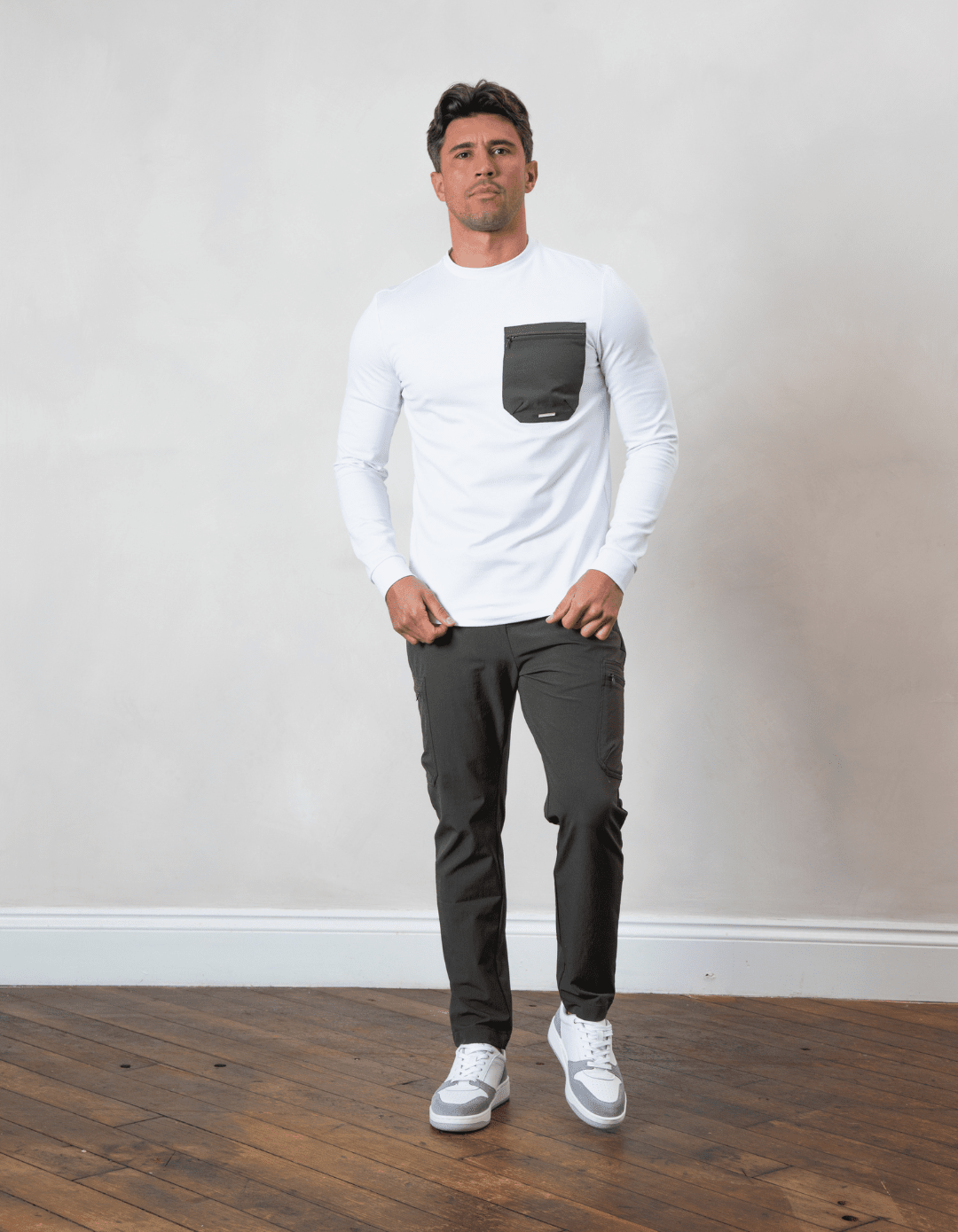 White/Khaki L/S Tech Pocket T-Shirt