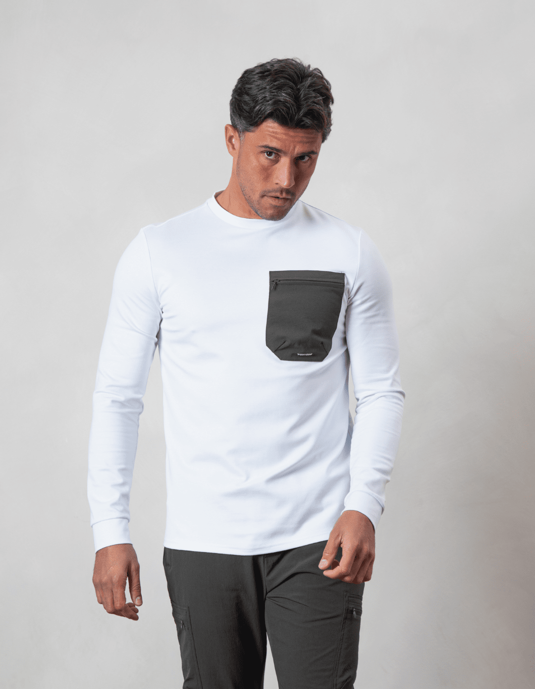 White/Khaki L/S Tech Pocket T-Shirt