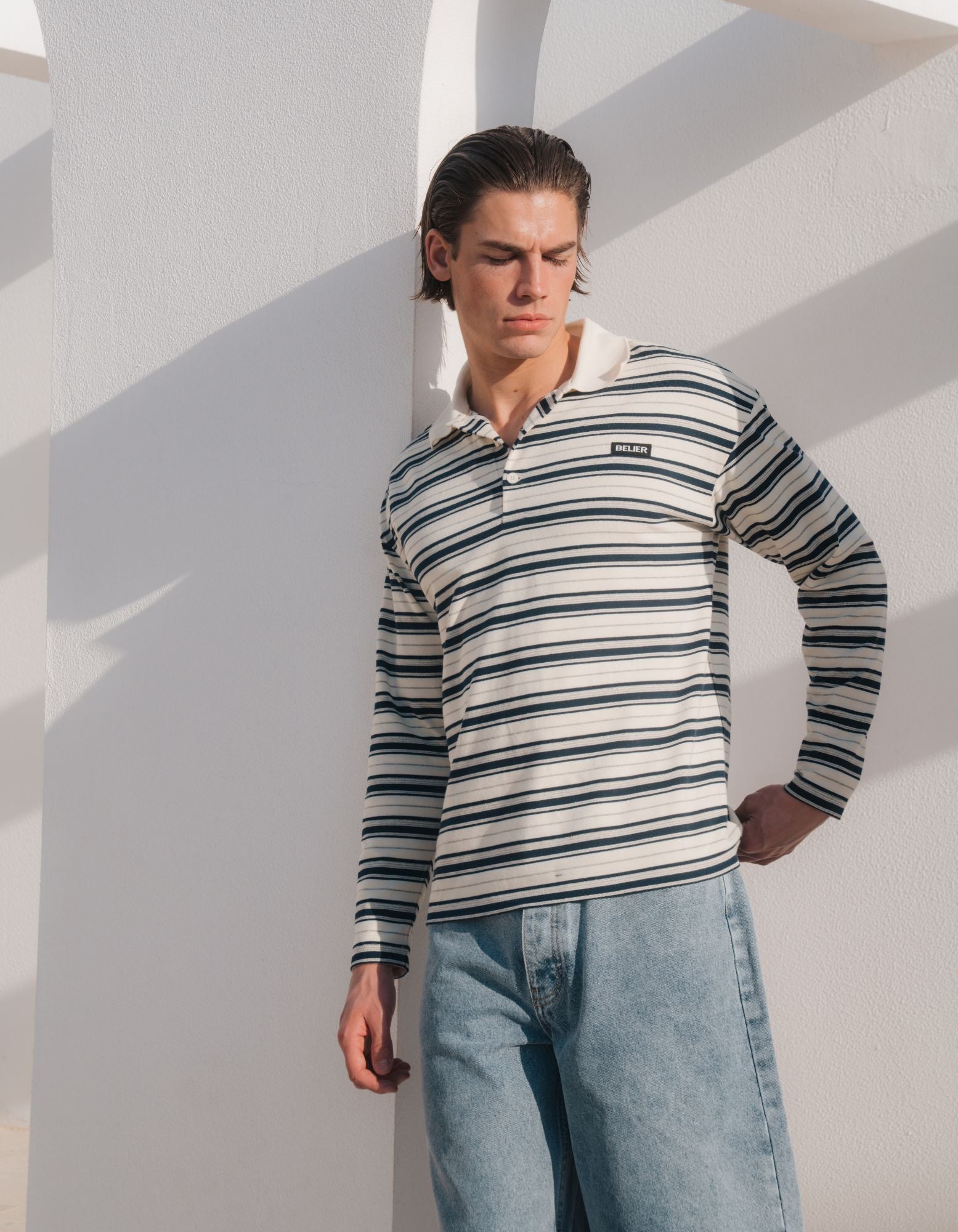 Ecru/Navy Stripe Long Sleeve Polo