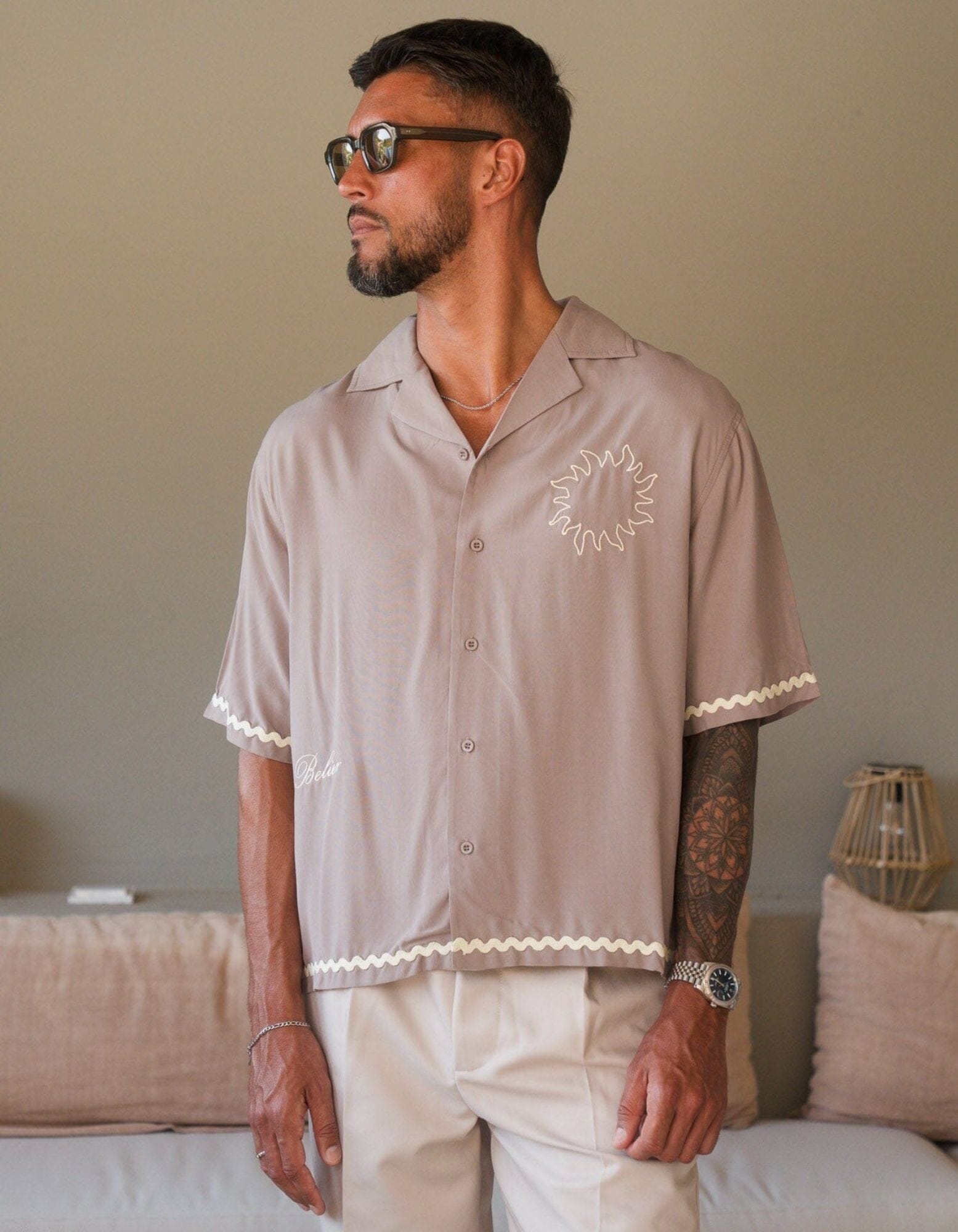 Taupe Embroidered Viscose Sun Shirt