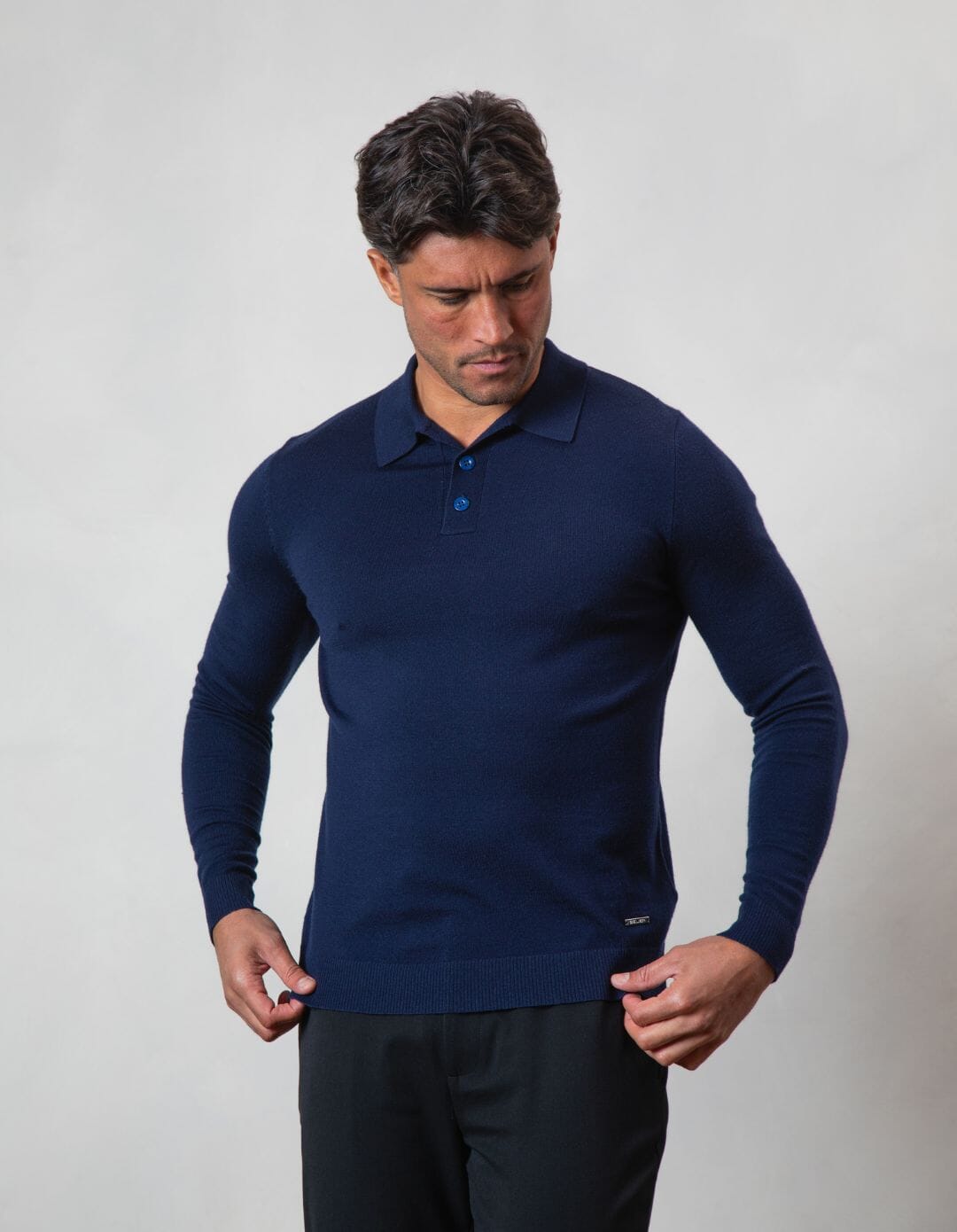 Navy LS Button Down Knit Polo