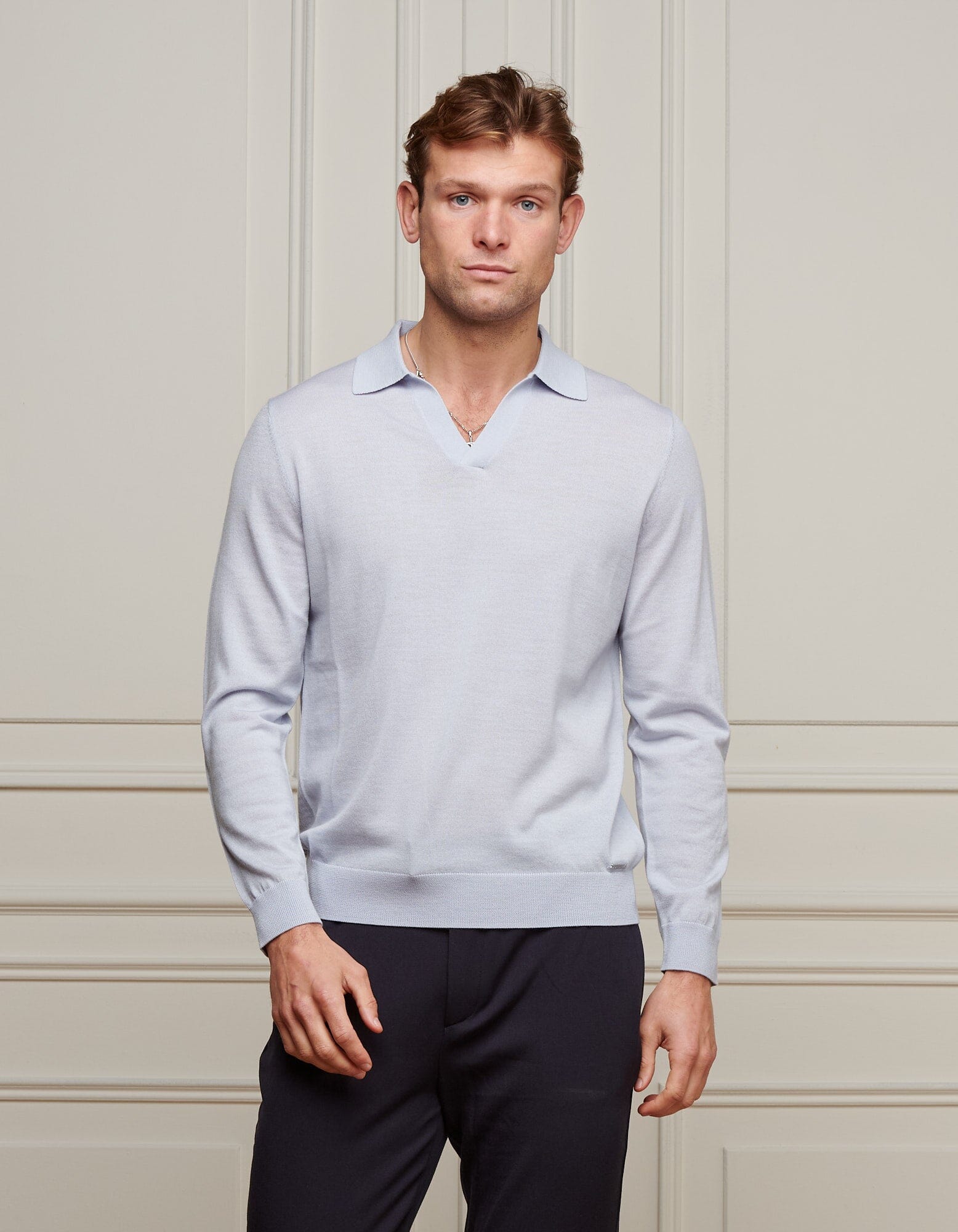 Blue L/S Merino Wool Open Collar Polo