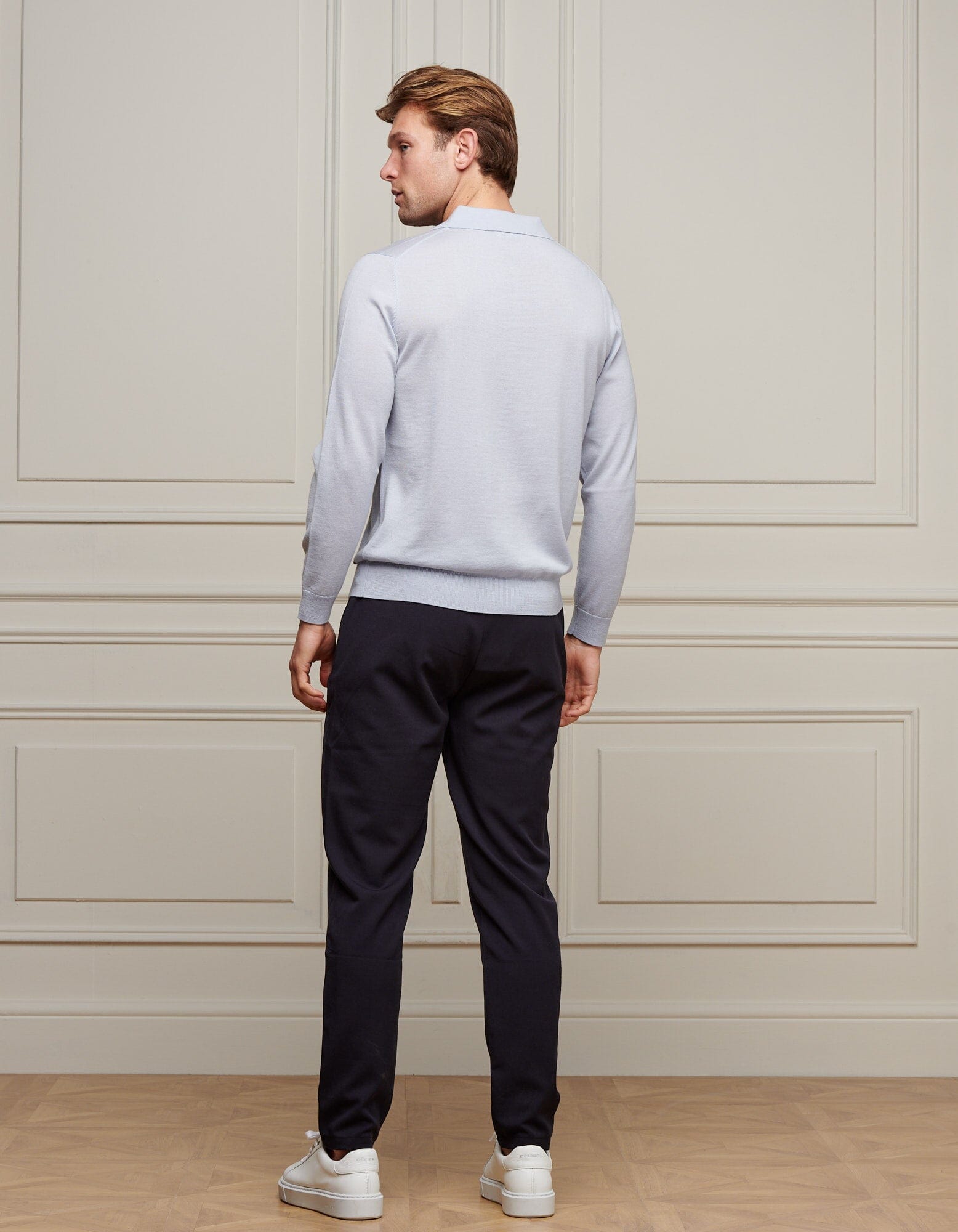 Blue L/S Merino Wool Open Collar Polo