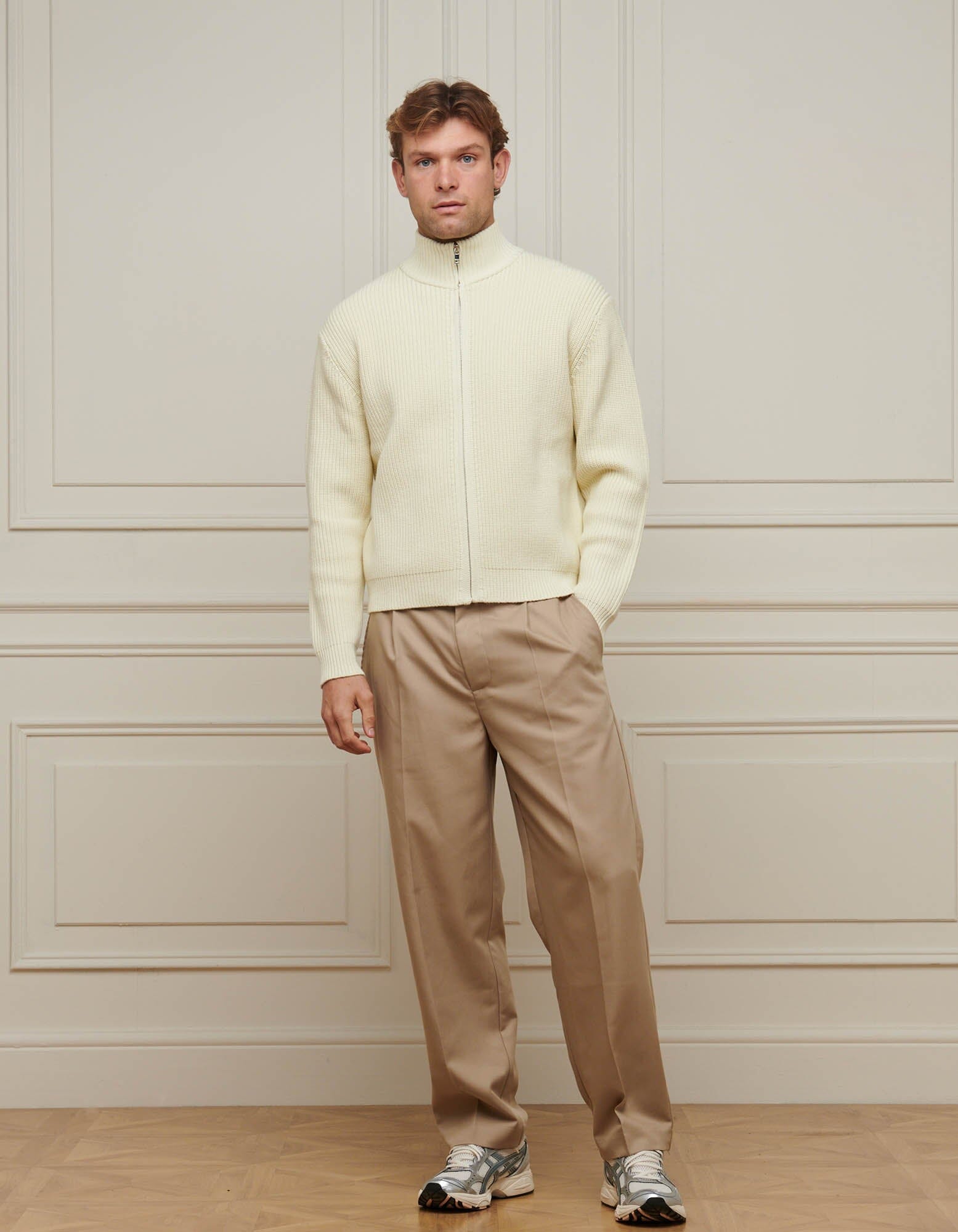 Ecru Chunky Rib Knit Zip Up Cardigan