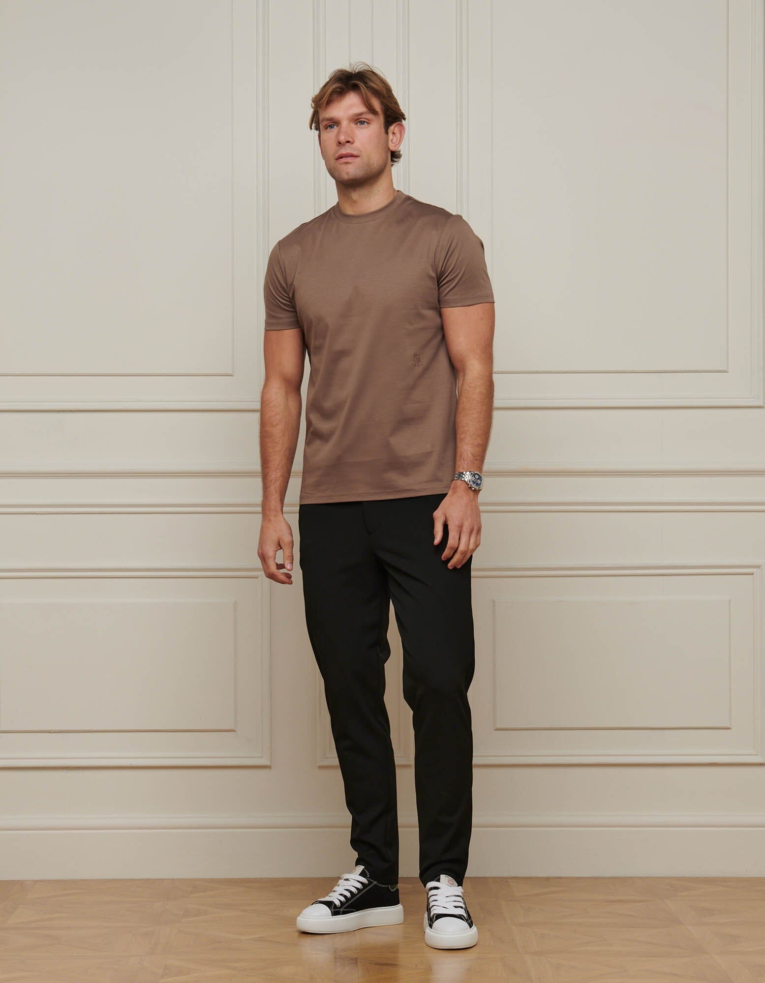 Taupe Crest Logo Embroidered Mercerised T-Shirt