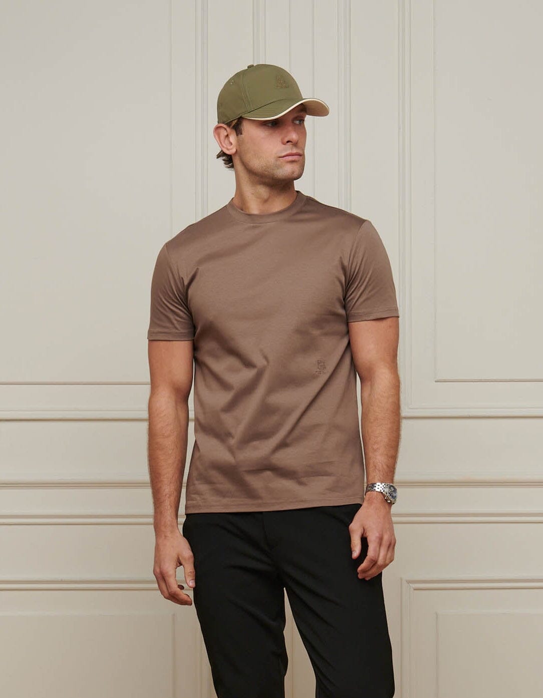 Taupe Crest Logo Embroidered Mercerised T-Shirt