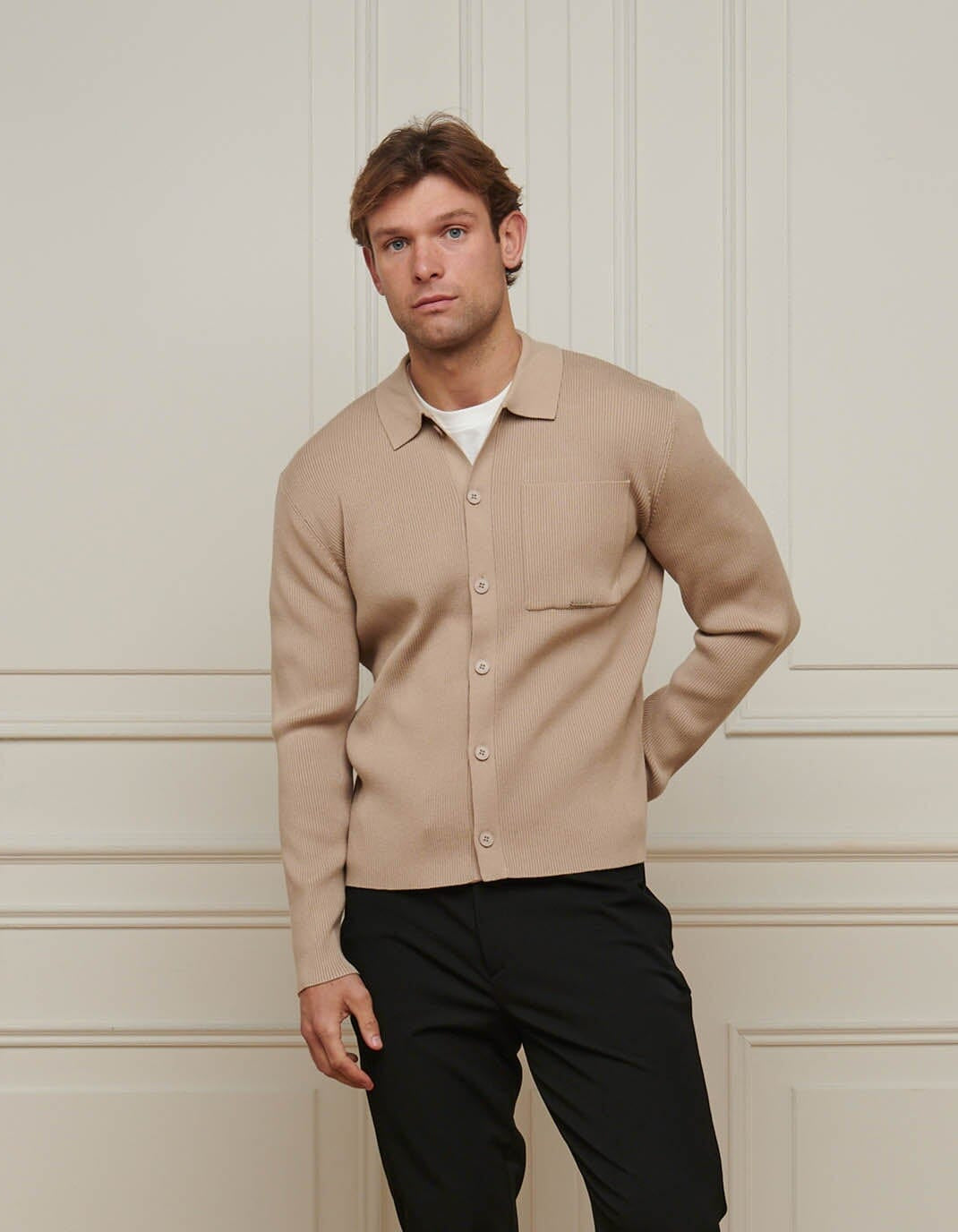 Beige Fine Rib Knit Cardigan