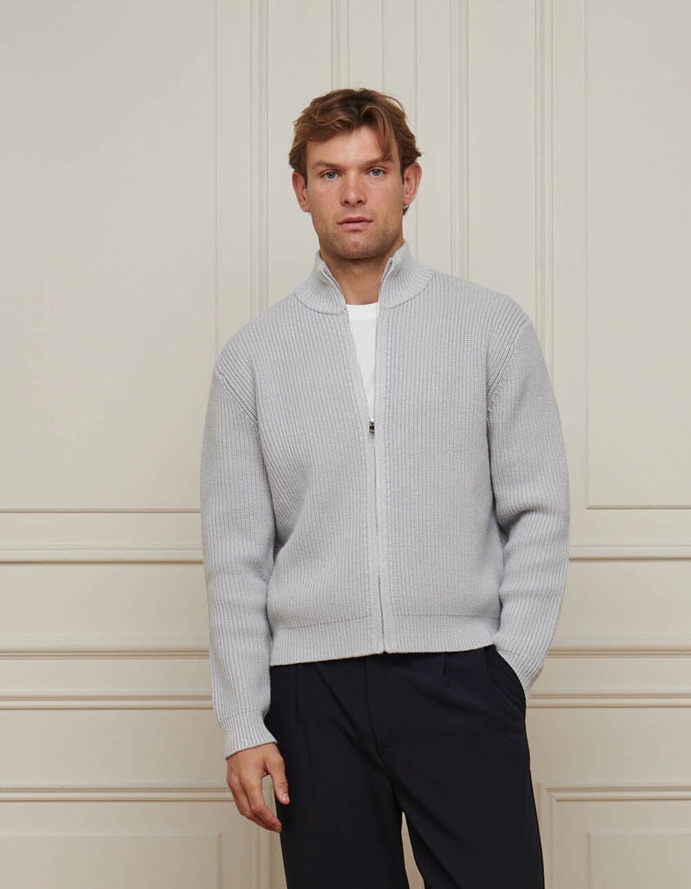 Grey Chunky Rib Knit Zip Up Cardigan