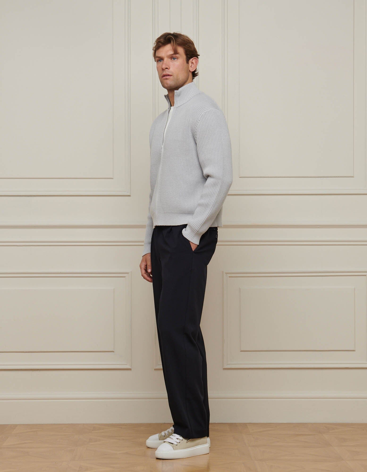 Grey Chunky Rib Knit Zip Up Cardigan