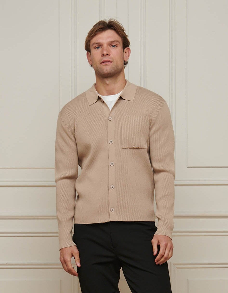 Beige Fine Rib Knit Cardigan