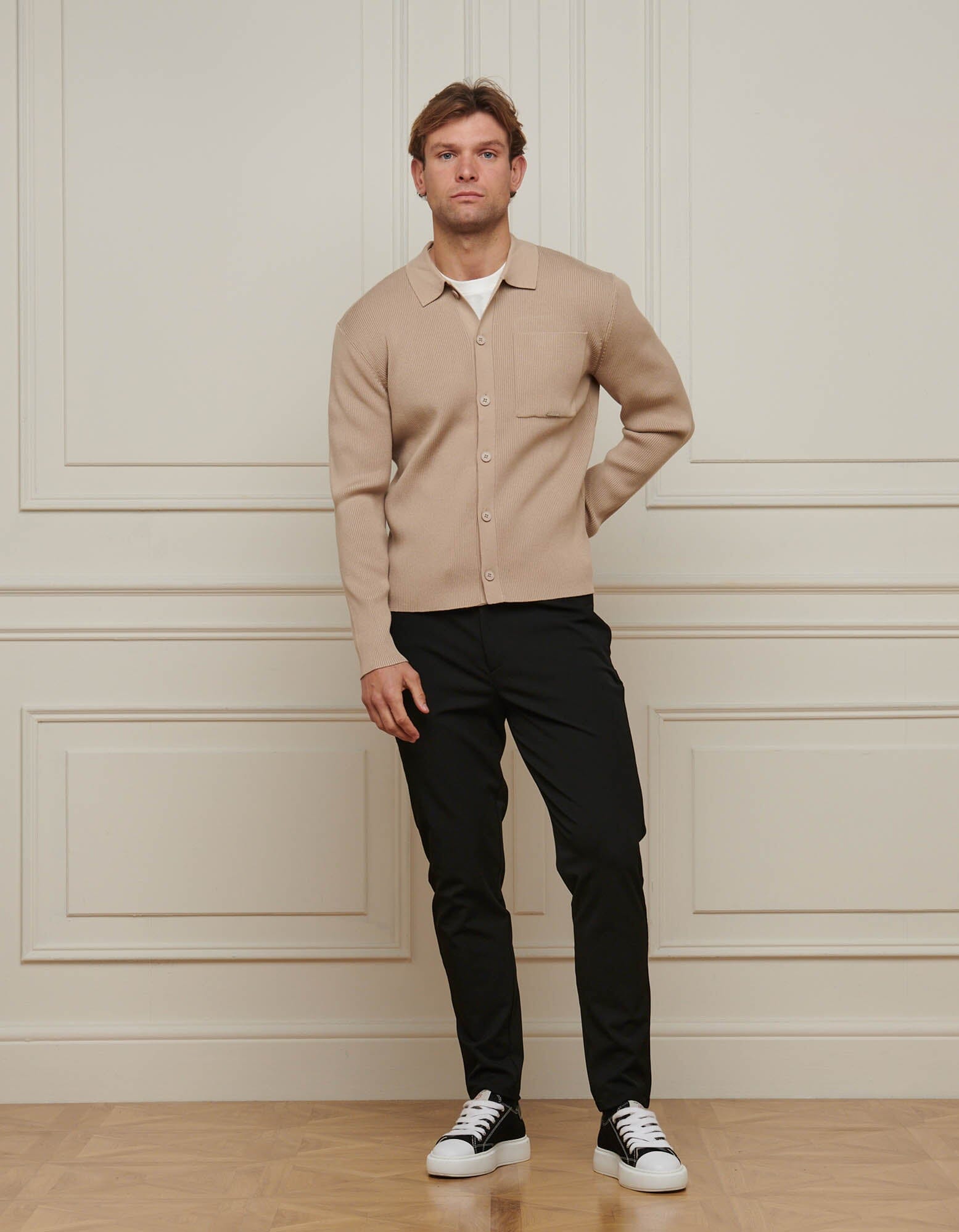 Beige Fine Rib Knit Cardigan