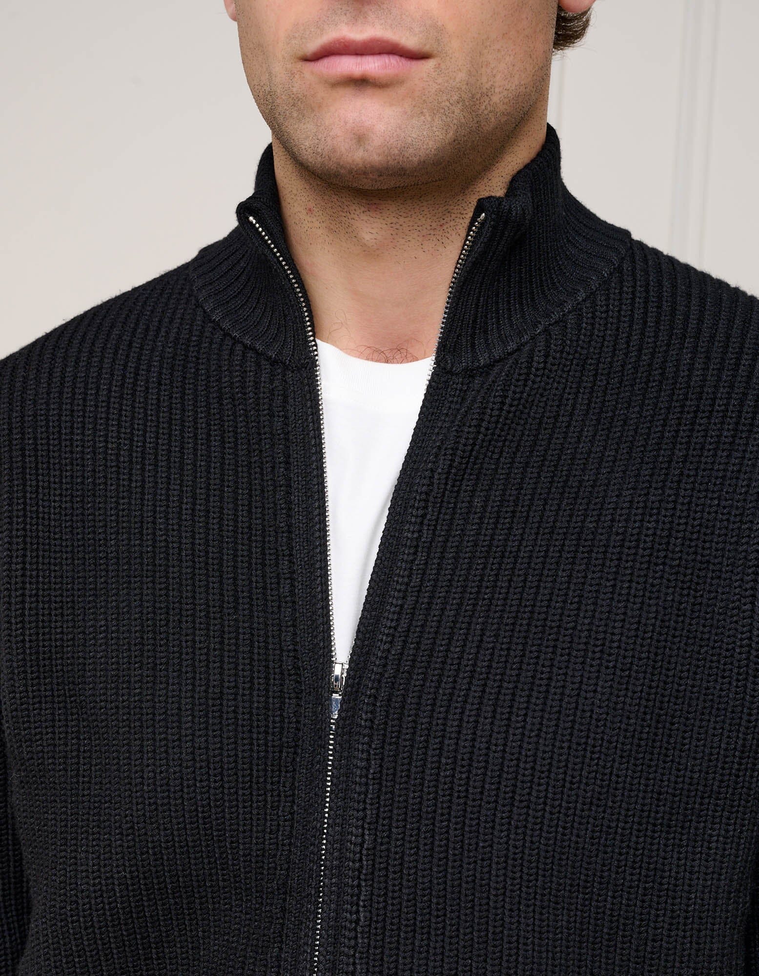 Black Chunky Rib Knit Zip Up Cardigan