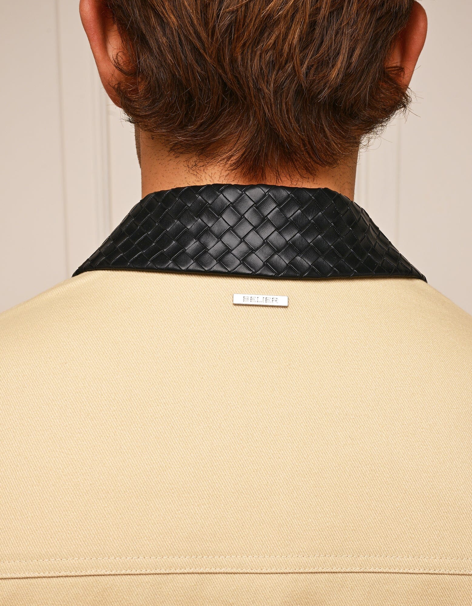 Beige Cotton Jacket with Leather Collar