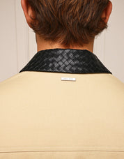 Beige Cotton Jacket with Leather Collar