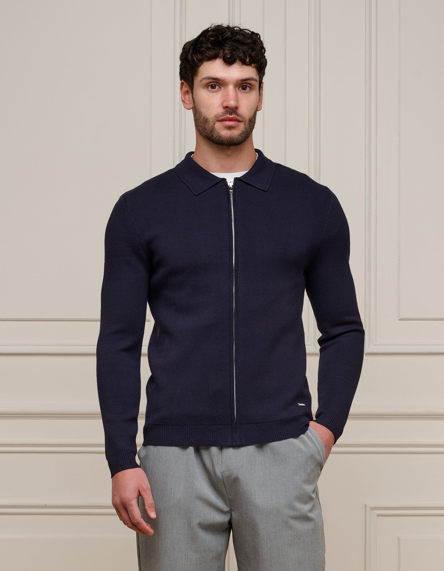 Navy Knit Zip Through Cardigan