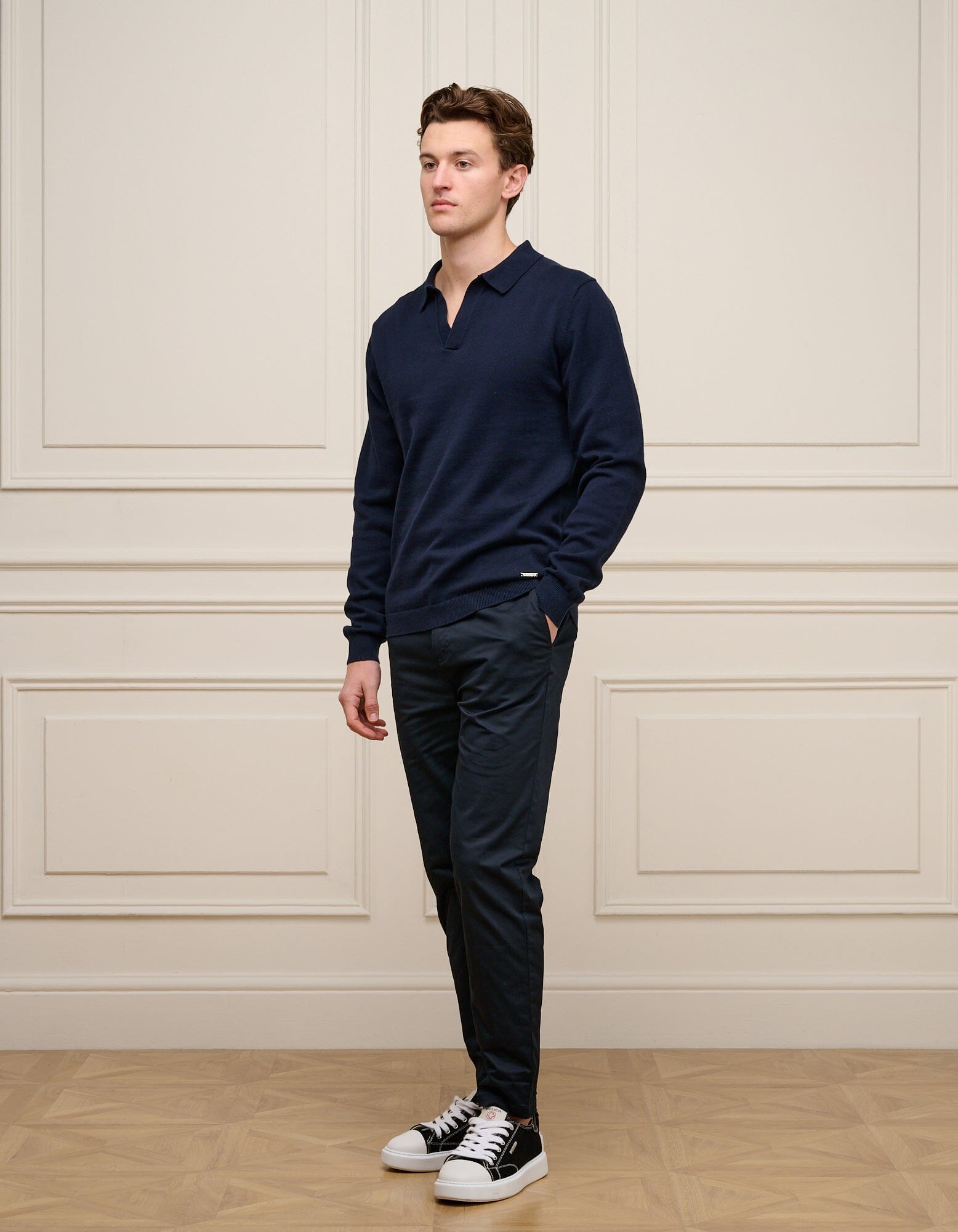 Navy Cuban Collar L/S Knit Polo