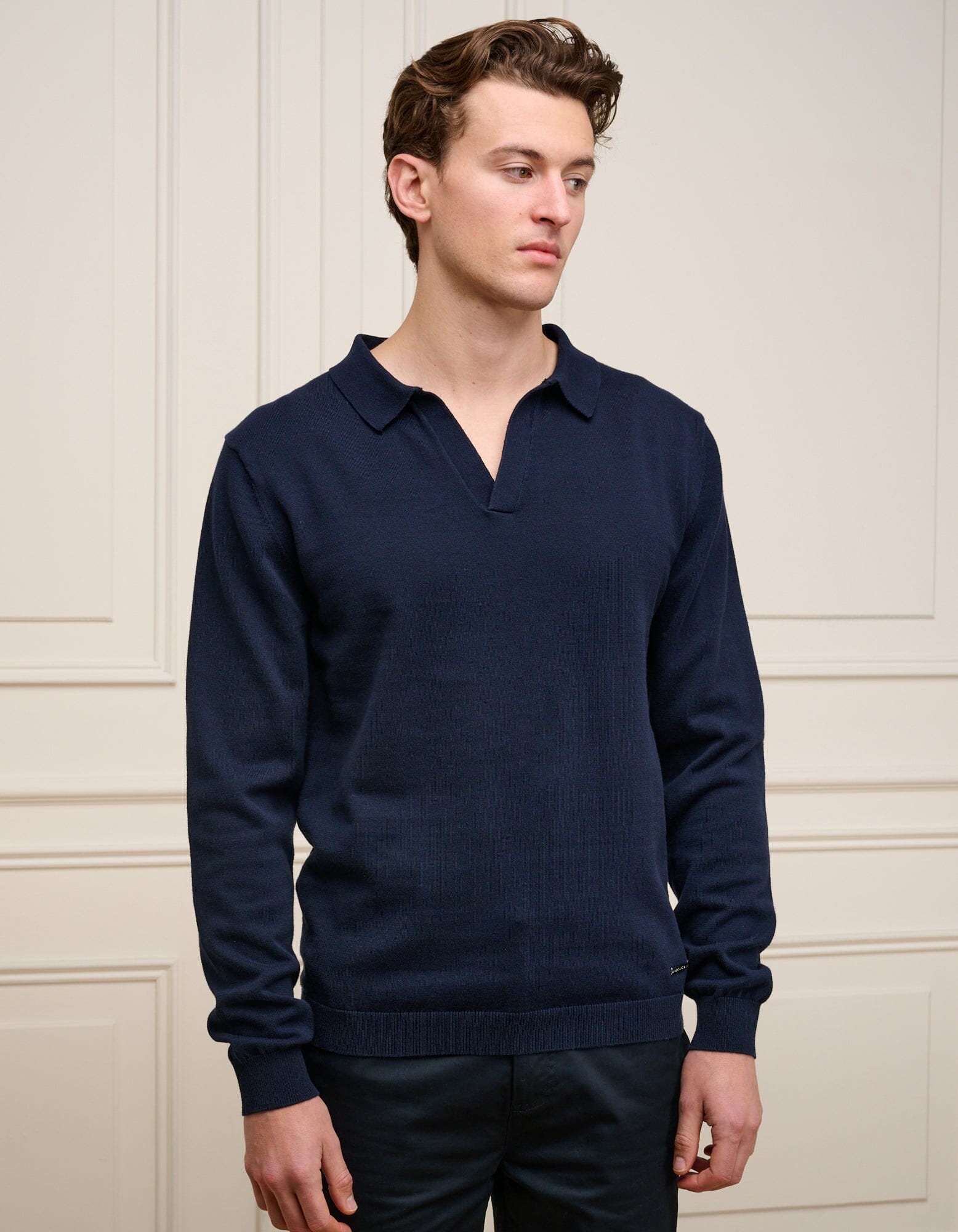 Navy Cuban Collar L/S Knit Polo