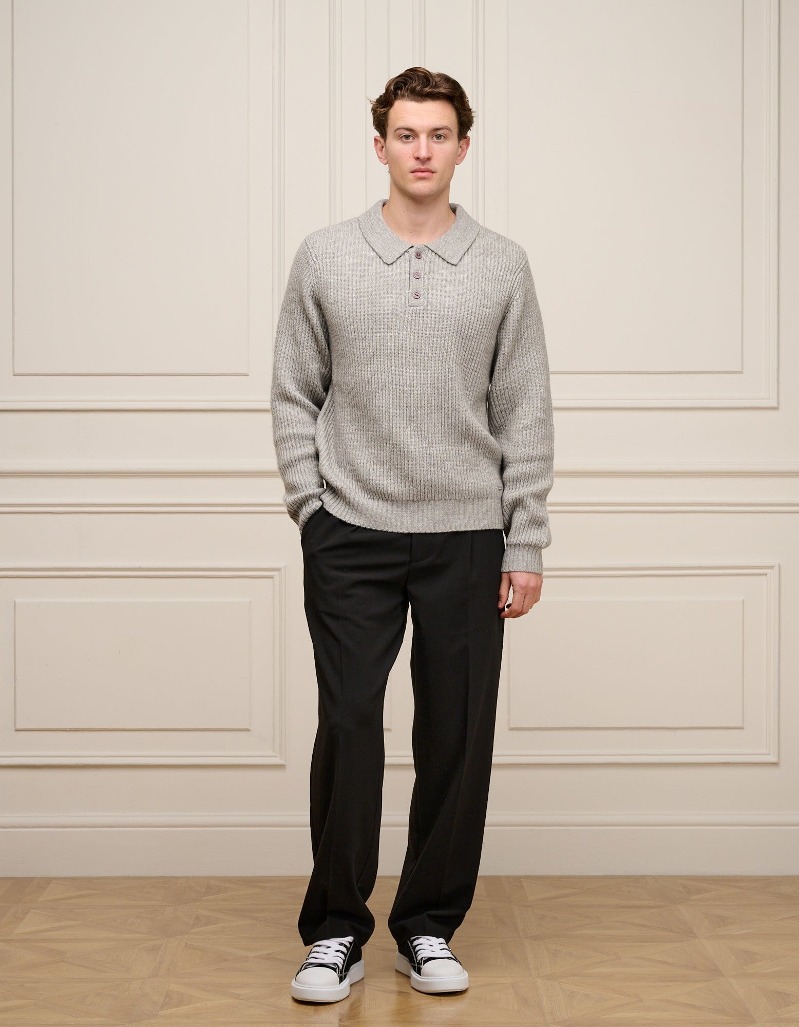 Grey Ribbed Knit Long Sleeve Polo