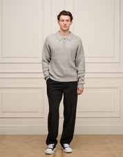 Grey Ribbed Knit Long Sleeve Polo