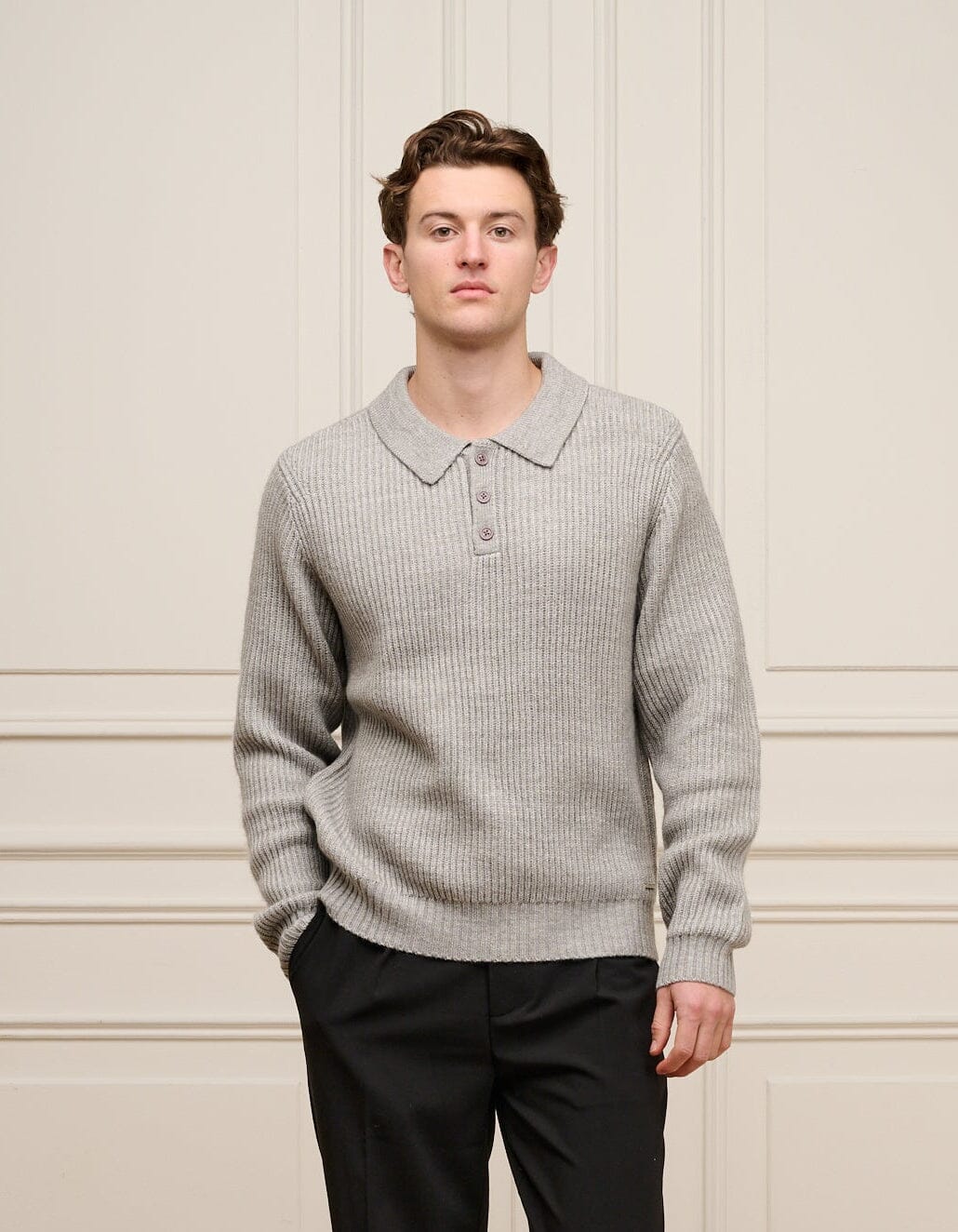 Grey Ribbed Knit Long Sleeve Polo