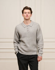 Grey Ribbed Knit Long Sleeve Polo