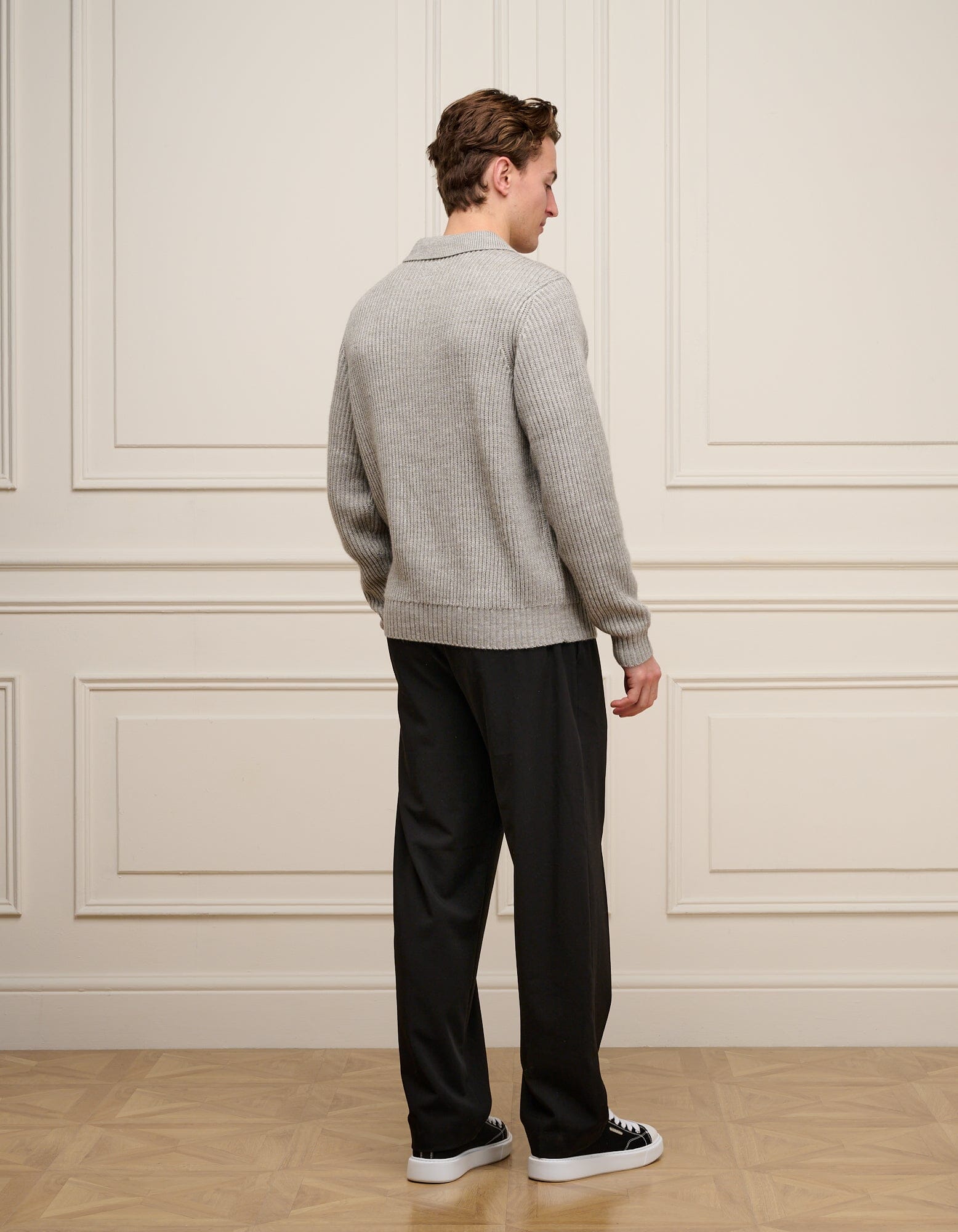 Grey Ribbed Knit Long Sleeve Polo