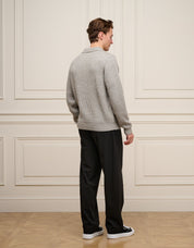 Grey Ribbed Knit Long Sleeve Polo