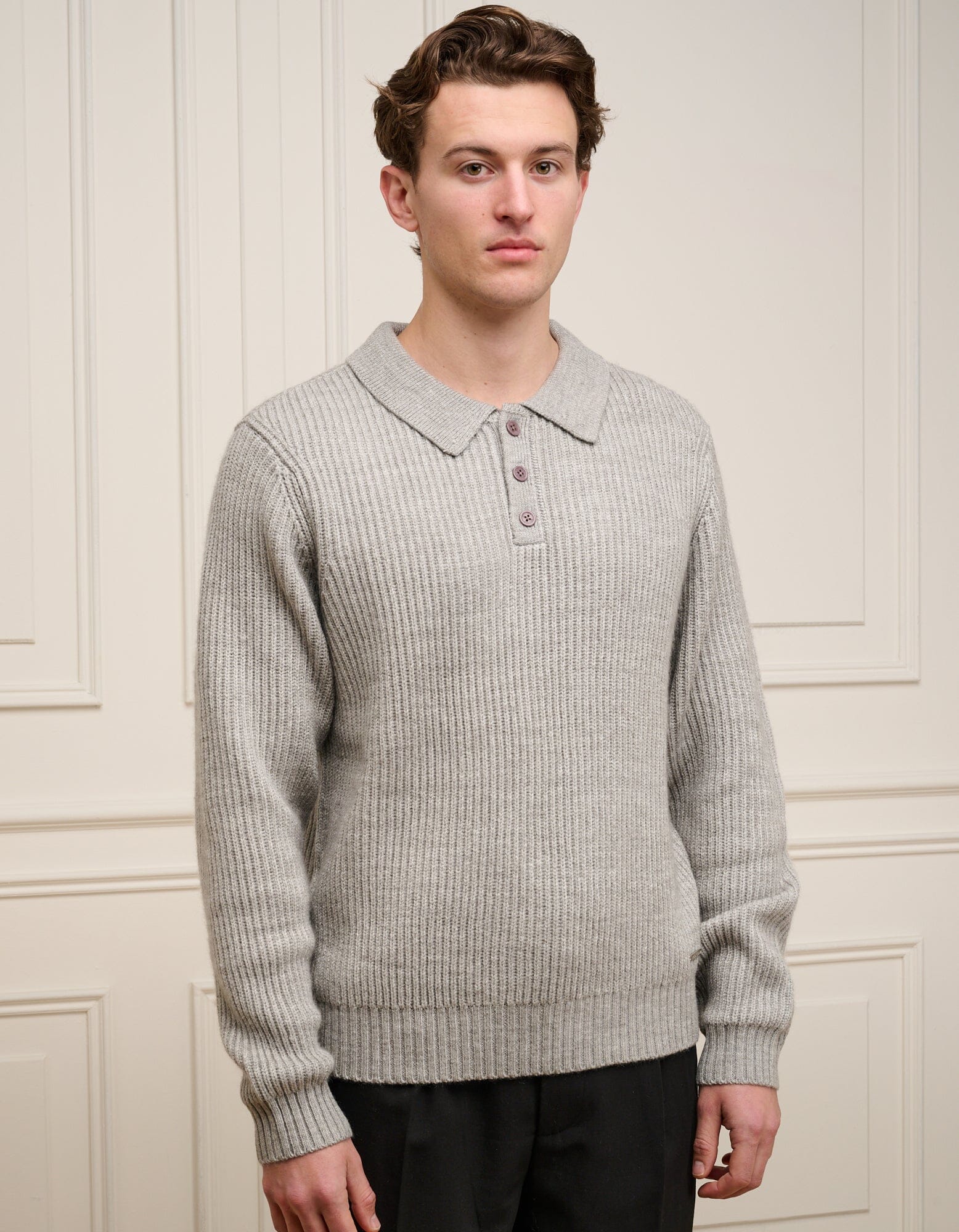 Grey Ribbed Knit Long Sleeve Polo