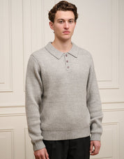 Grey Ribbed Knit Long Sleeve Polo
