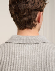 Grey Ribbed Knit Long Sleeve Polo