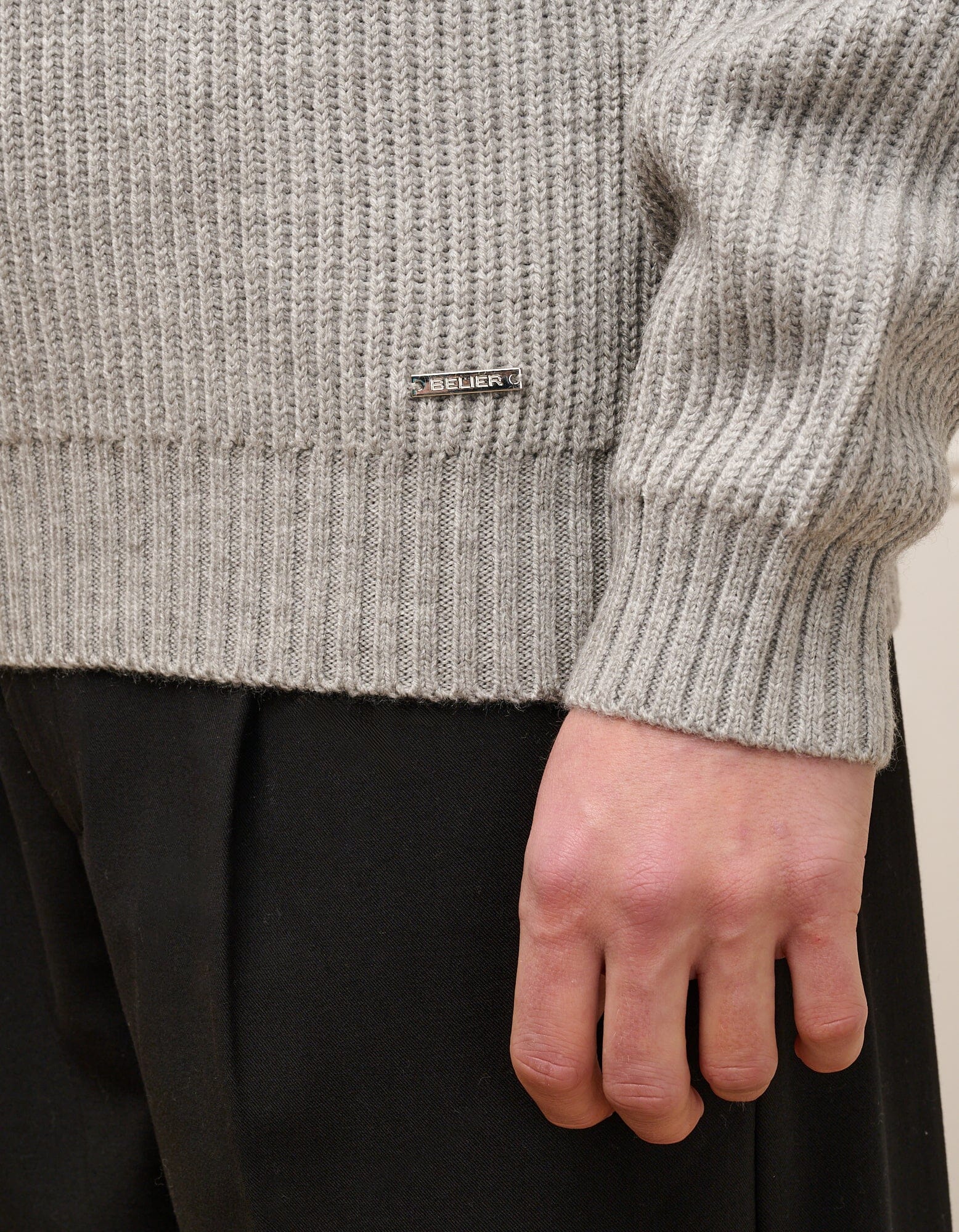 Grey Ribbed Knit Long Sleeve Polo