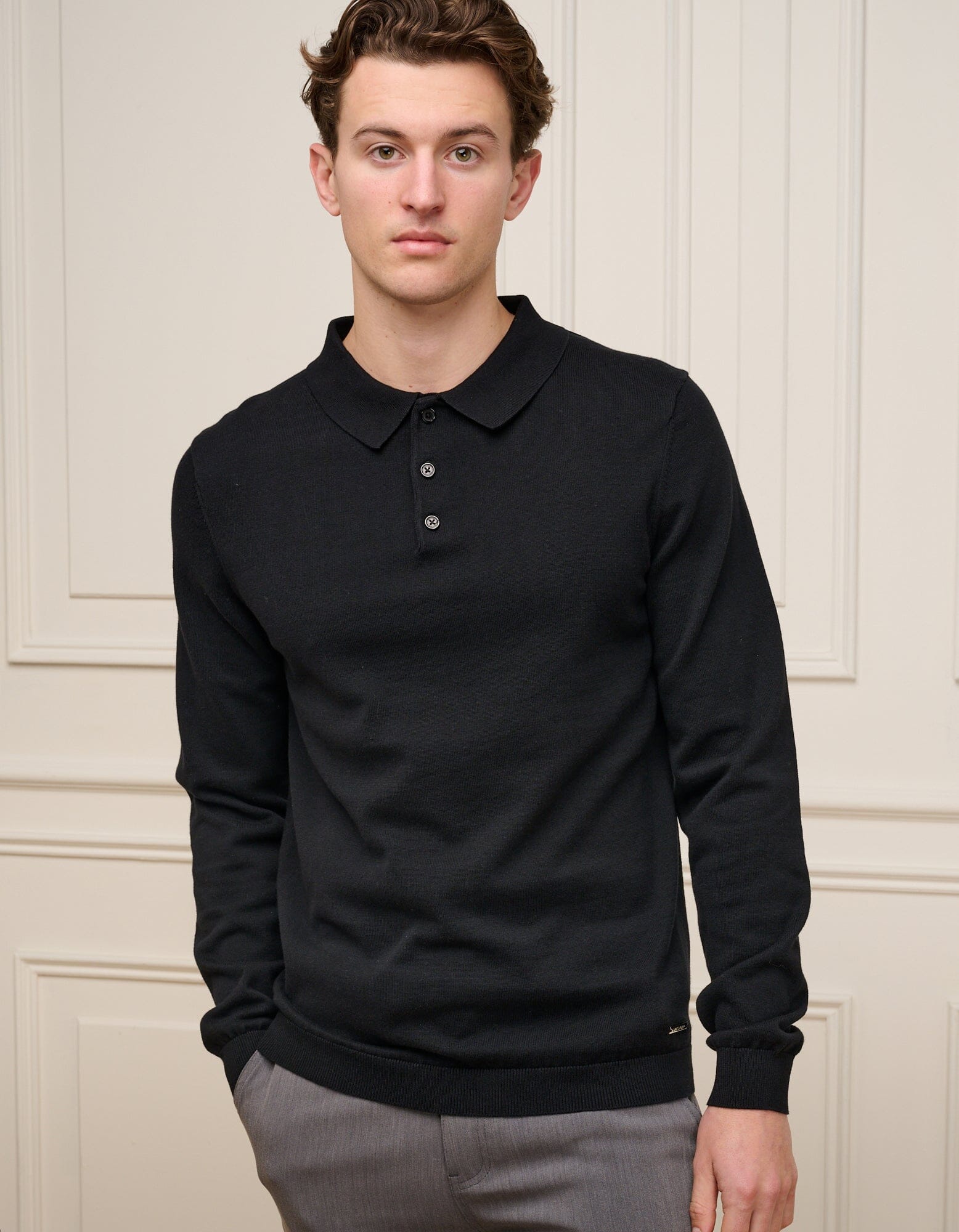 Black Knit Button L/S Polo