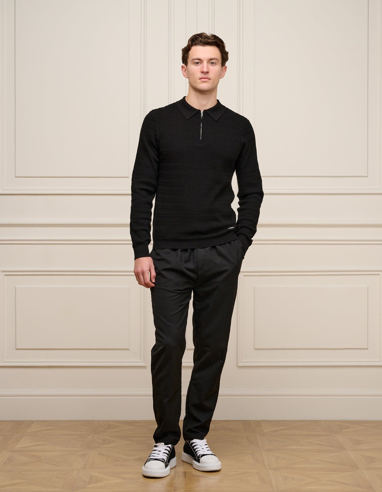 Black Textured Knit Polo