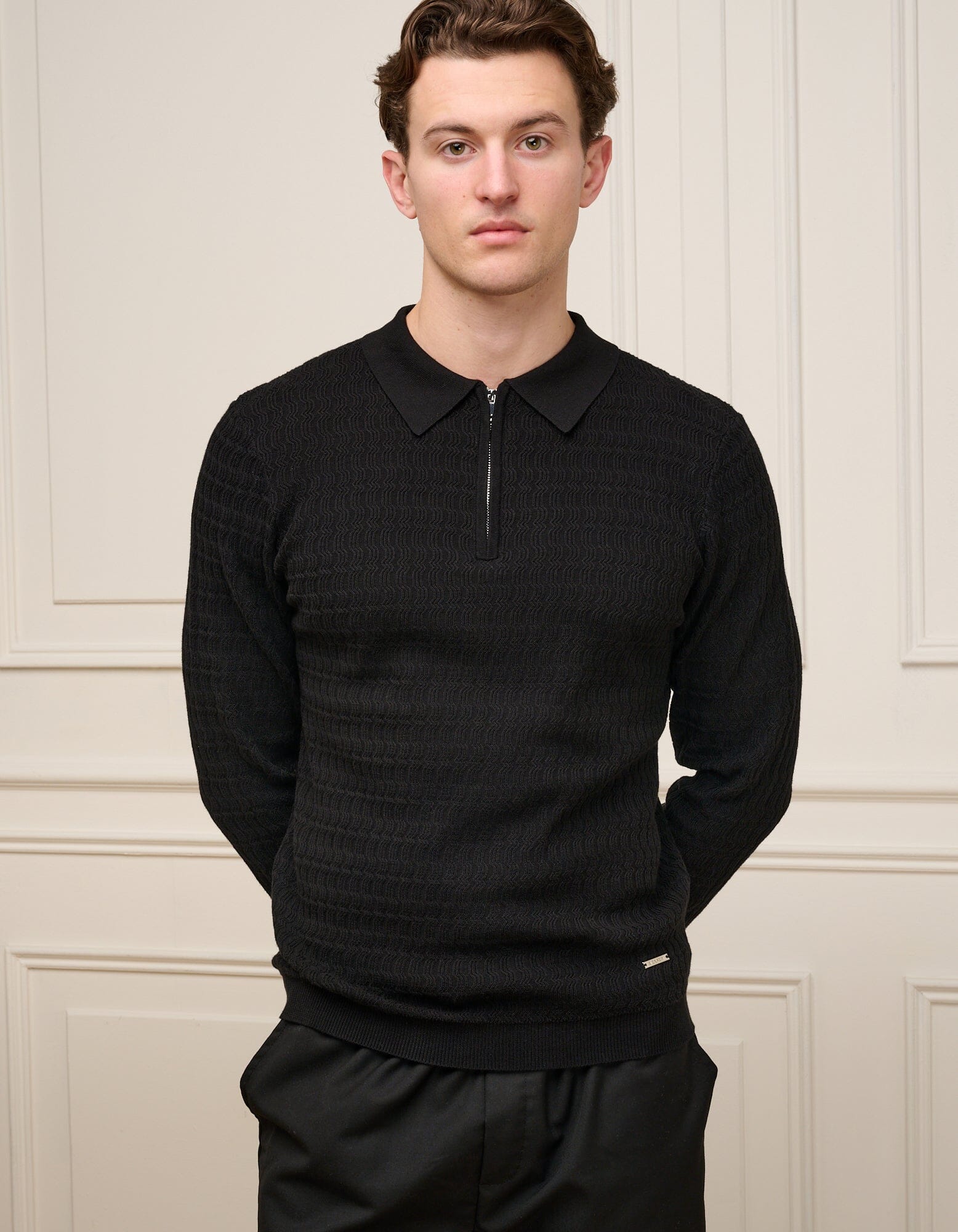 Black Textured Knit Polo