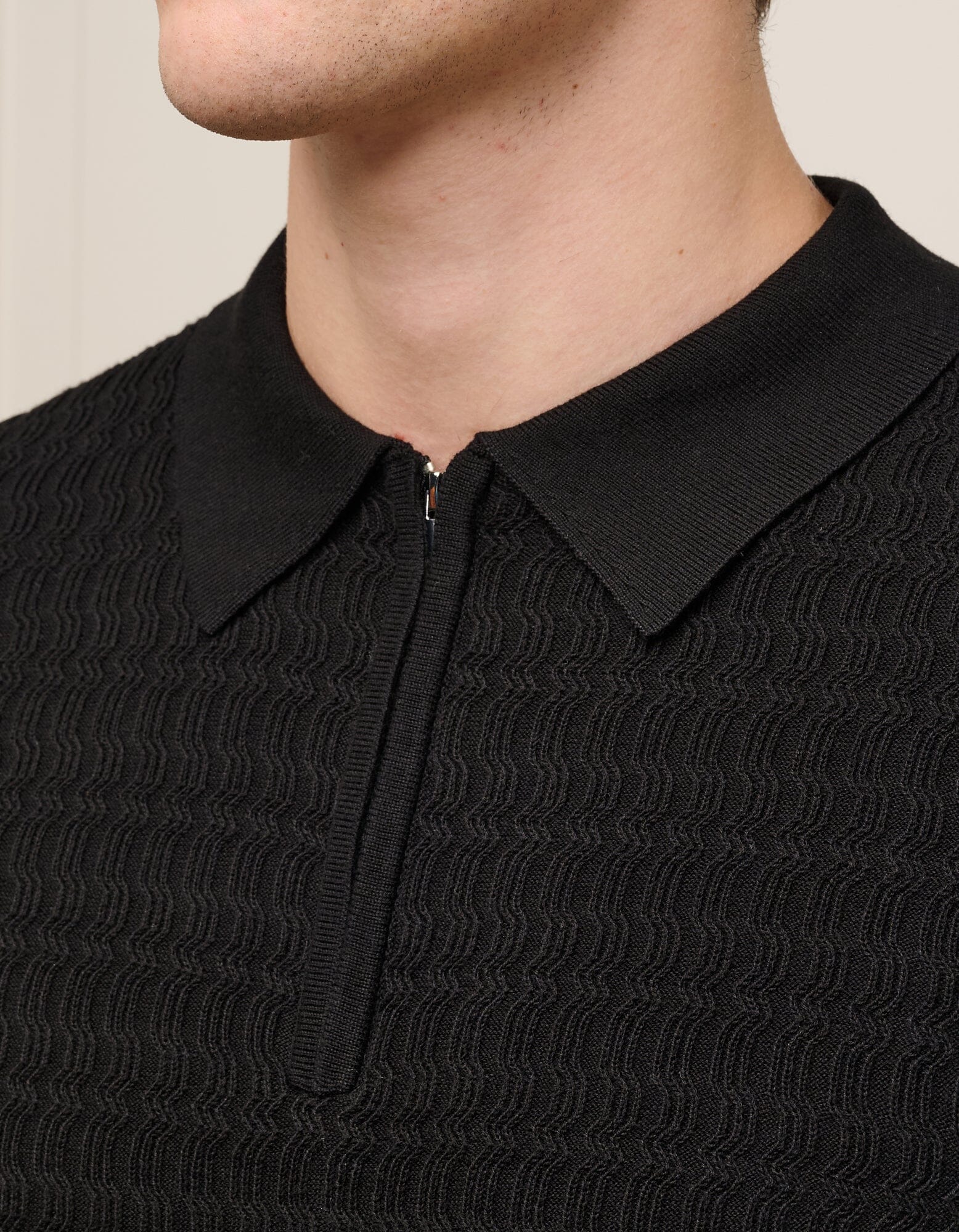 Black Textured Knit Polo