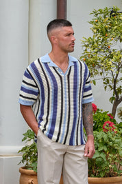 Blue Vertical Stripe Crochet Polo