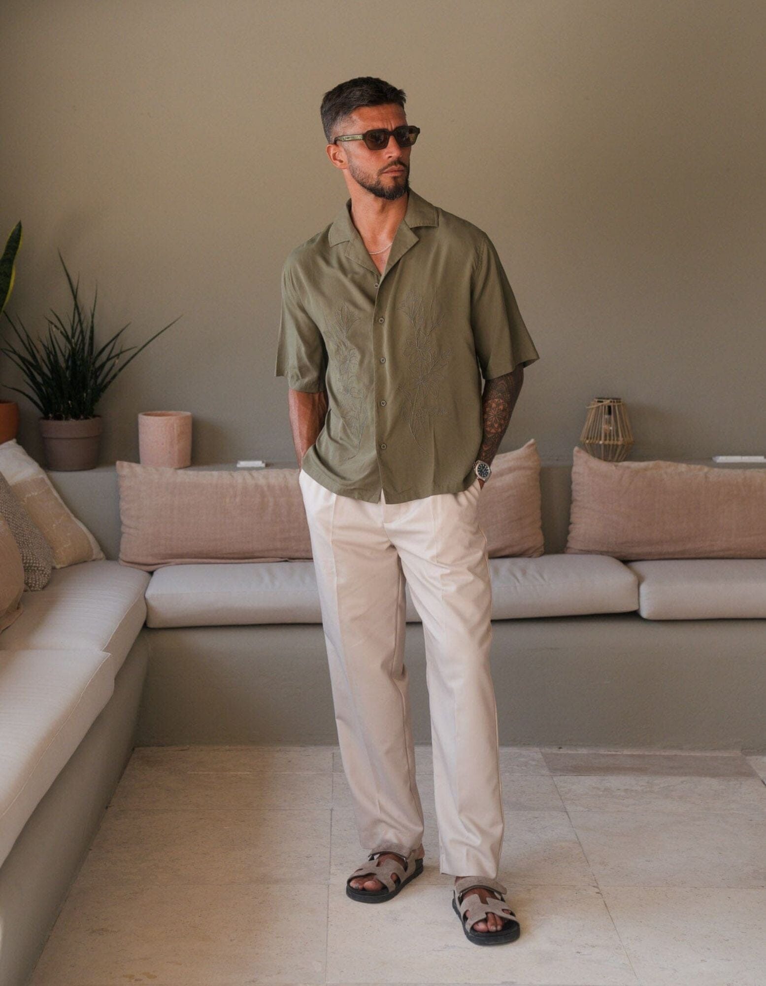Khaki Embroidered Viscose Shirt