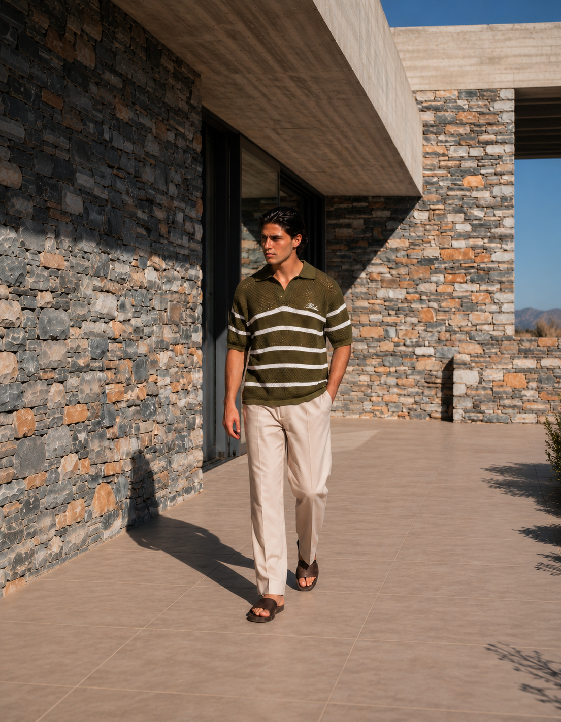 St.Tropez Crochet Polo - Olive/Ecru
