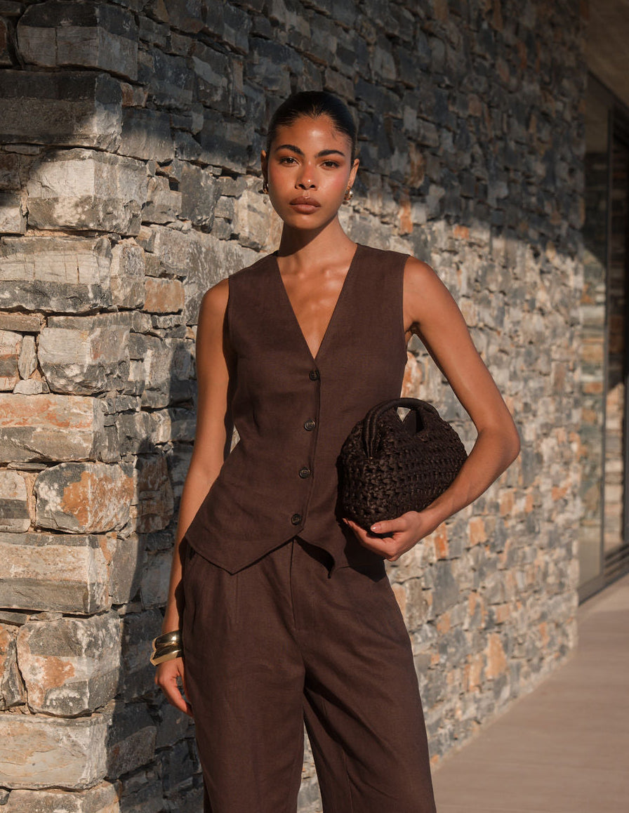 Amelia Linen Waistcoat - Brown
