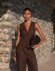 Amelia Linen Waistcoat - Brown