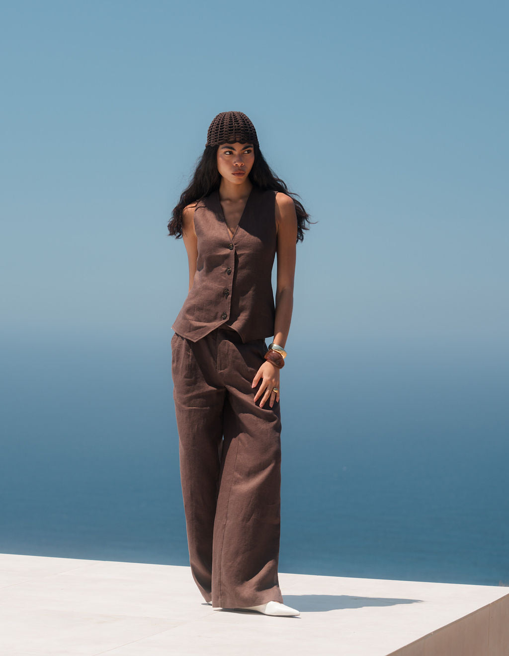 Amelia Wide Leg Linen Trouser - Brown