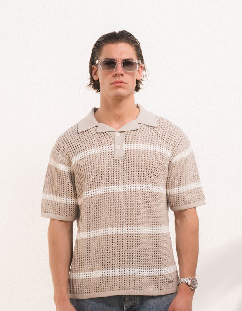 Kobe Striped Crochet Polo - Taupe/Beige