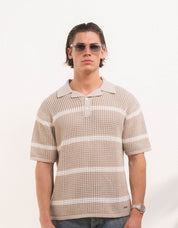 Kobe Striped Crochet Polo - Taupe/Beige