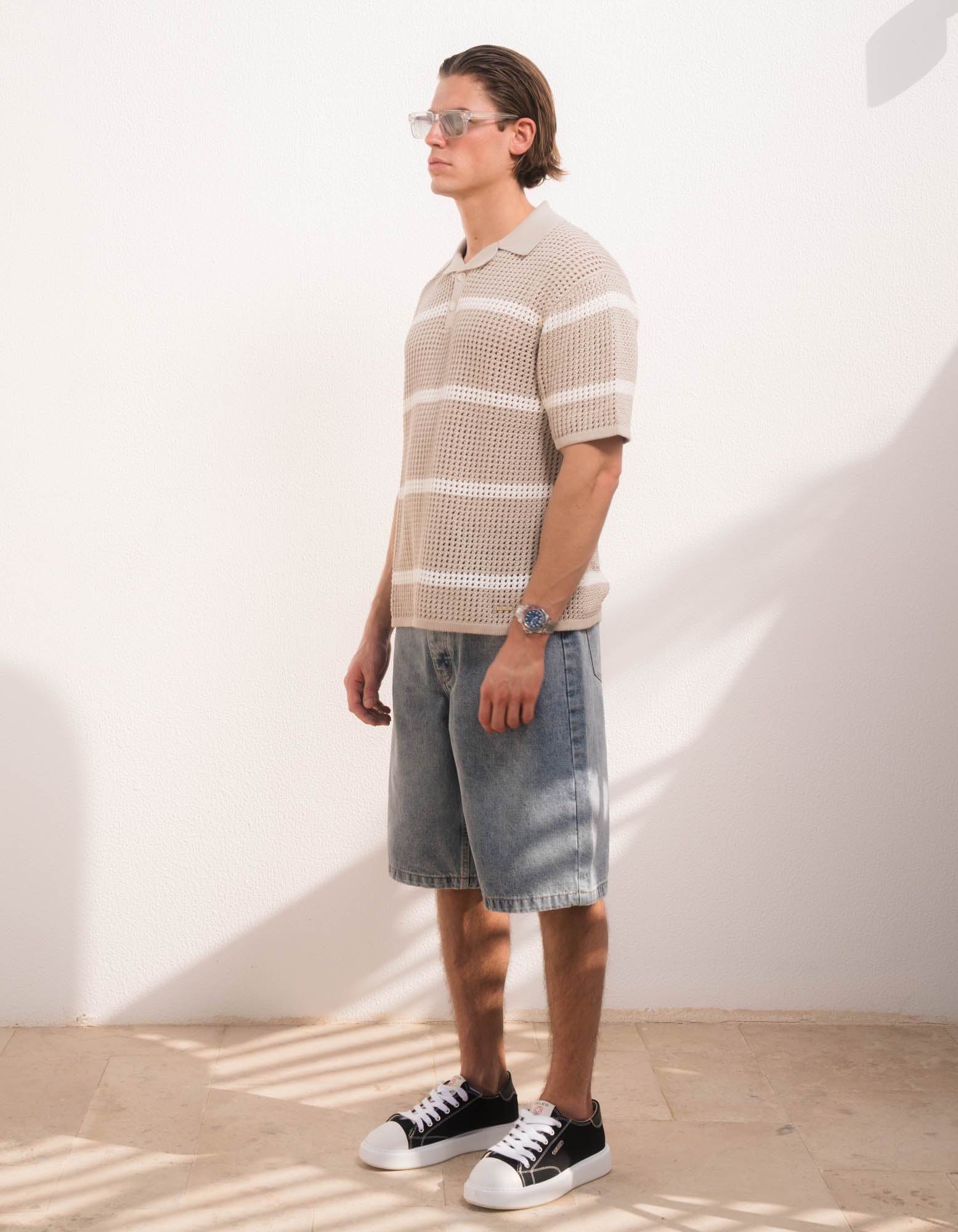 Kobe Striped Crochet Polo - Taupe/Beige