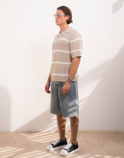 Kobe Striped Crochet Polo - Taupe/Beige